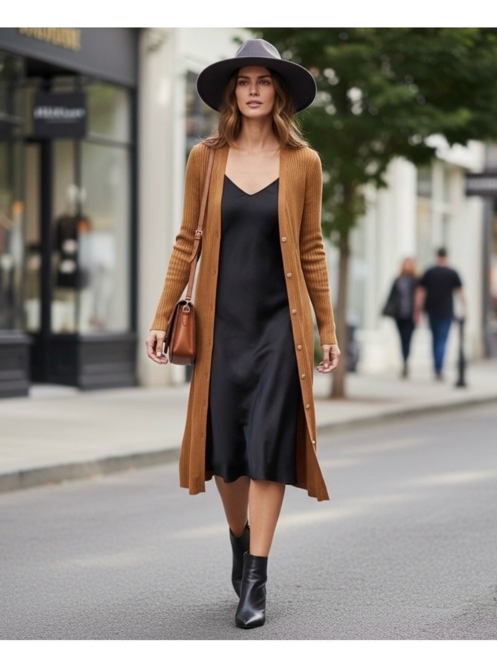 VETTA Long Sleeve Ribbed Button-Front Dress in Camel